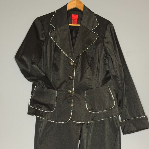 V CRISTINA Set XL Blazer Pants Denim Look Black Shimmer Western Rodeo Chic - Picture 3 of 15